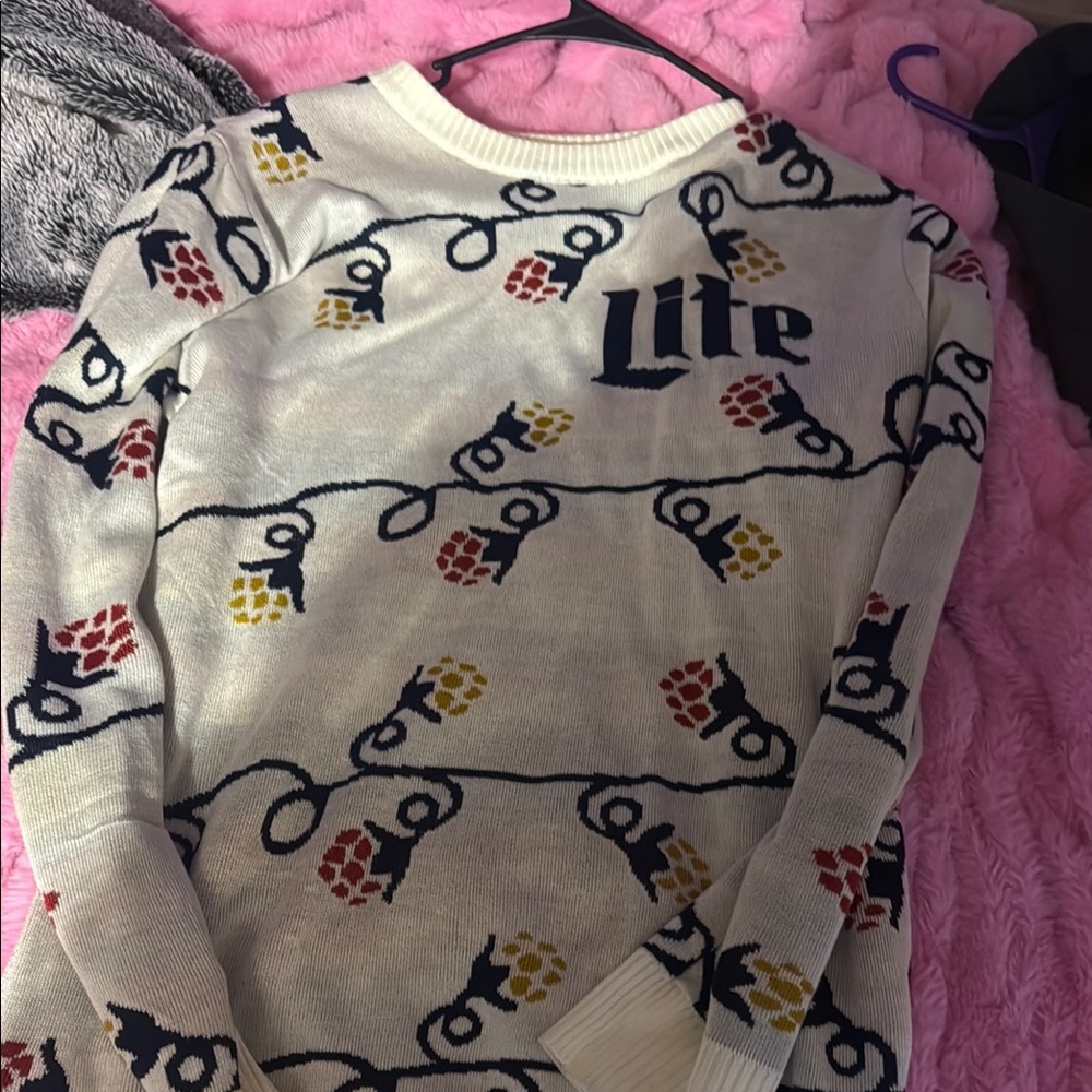 Red and Cream Crew Neck Sweater with Artistic Swirls
